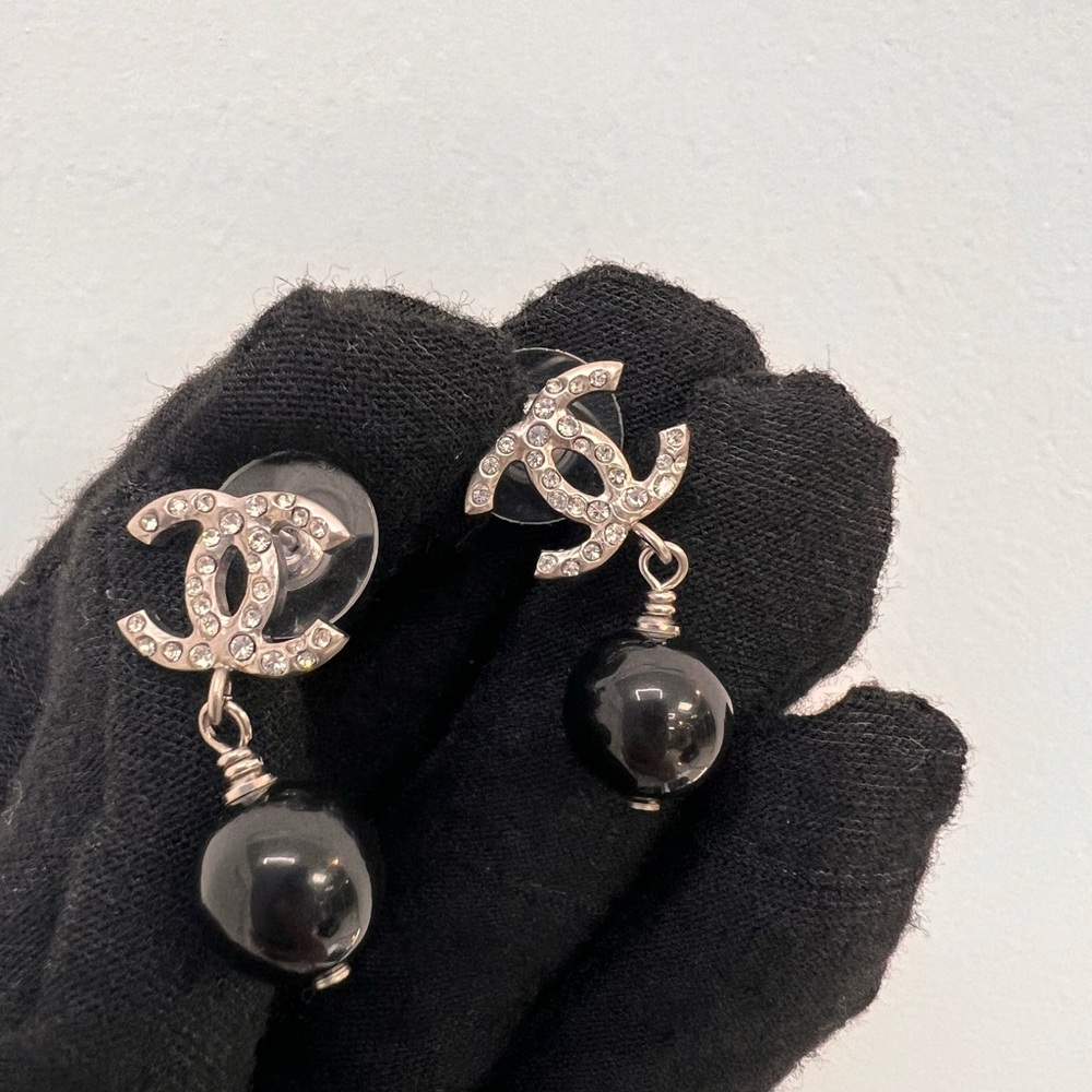 CHANEL Black and Silver Crystal Drop Earrings